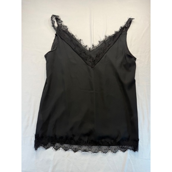 Tops - Womens Black Satin Eyelash Lace Trim V-Neck Camisole Tank Top Size XL Polyester